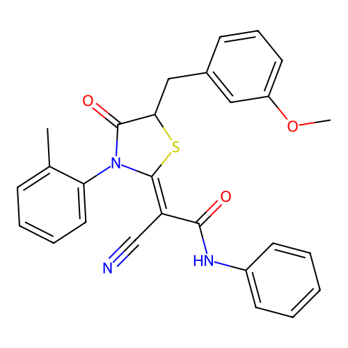 (2Z)-2-cyano-2-[5-(3-methoxybenzyl)-3-(2-methylphenyl)-4-oxo-1,3-thiazolidin-2-ylidene]-N-phenylethanamide structure