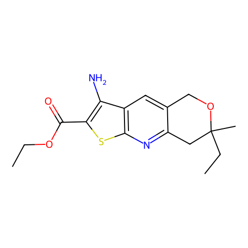 ethyl 3-amino-7-ethyl-7-methyl-7,8-dihydro-5H-pyrano[4,3-b]thieno[3,2-e]pyridine-2-carboxylate structure