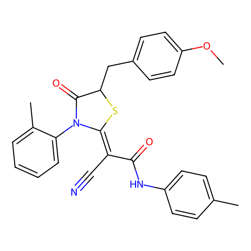 (2Z)-2-cyano-2-[5-(4-methoxybenzyl)-3-(2-methylphenyl)-4-oxo-1,3-thiazolidin-2-ylidene]-N-(4-methylphenyl)ethanamide structure