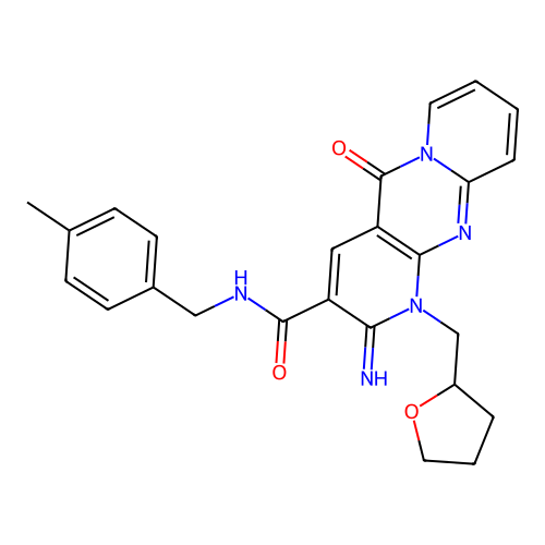 6-imino-N-[(4-methylphenyl)methyl]-2-oxo-7-(oxolan-2-ylmethyl)-1,7,9-triazatricyclo[8.4.0.03,8]tetradeca-3(8),4,9,11,13-pentaene-5-carboxamide structure