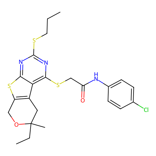 N-(4-chlorophenyl)-2-((6-ethyl-6-methyl-2-(propylthio)-6,8-dihydro-5H-pyrano[4',3':4,5]thieno[2,3-d]pyrimidin-4-yl)thio)acetamide structure