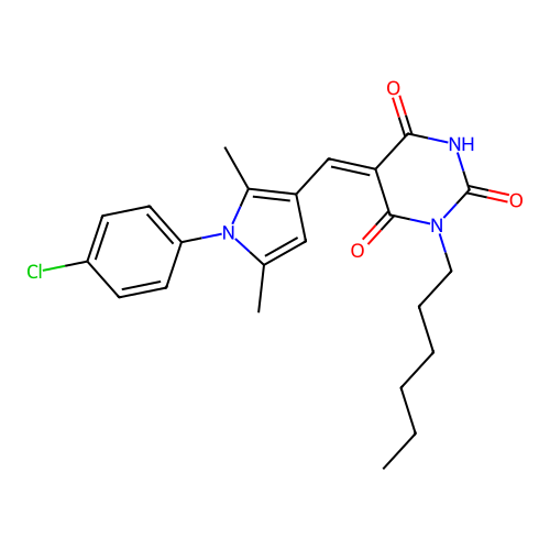 (5Z)-5-[[1-(4-chlorophenyl)-2,5-dimethylpyrrol-3-yl]methylidene]-1-hexyl-1,3-diazinane-2,4,6-trione structure
