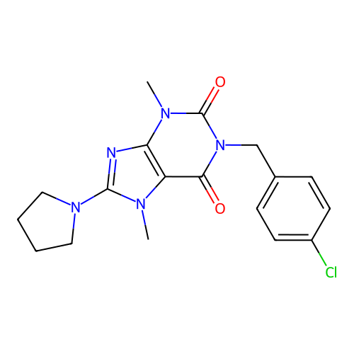 1-(4-chlorobenzyl)-3,7-dimethyl-8-(pyrrolidin-1-yl)-1H-purine-2,6(3H,7H)-dione structure