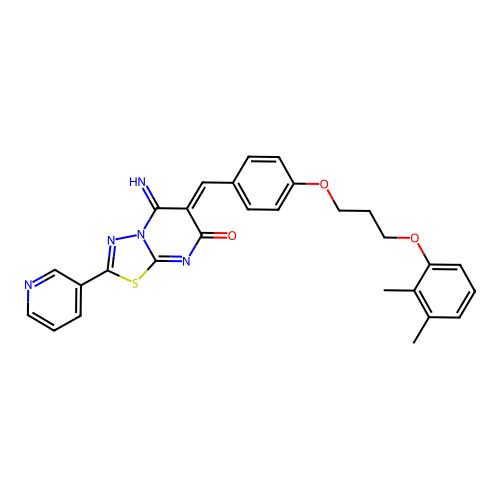 (6Z)-6-[[4-[3-(2,3-dimethylphenoxy)propoxy]phenyl]methylidene]-5-imino-2-pyridin-3-yl-[1,3,4]thiadiazolo[3,2-a]pyrimidin-7-one structure