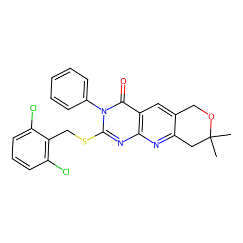 2-((2,6-dichlorobenzyl)thio)-8,8-dimethyl-3-phenyl-8,9-dihydro-3H-pyrano[3',4':5,6]pyrido[2,3-d]pyrimidin-4(6H)-one structure