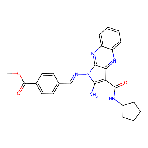 (E)-methyl 4-(((2-amino-3-(cyclopentylcarbamoyl)-1H-pyrrolo[2,3-b]quinoxalin-1-yl)imino)methyl)benzoate structure