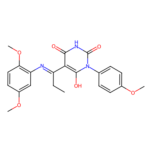 (E)-5-(1-((2,5-dimethoxyphenyl)amino)propylidene)-1-(4-methoxyphenyl)pyrimidine-2,4,6(1H,3H,5H)-trione structure