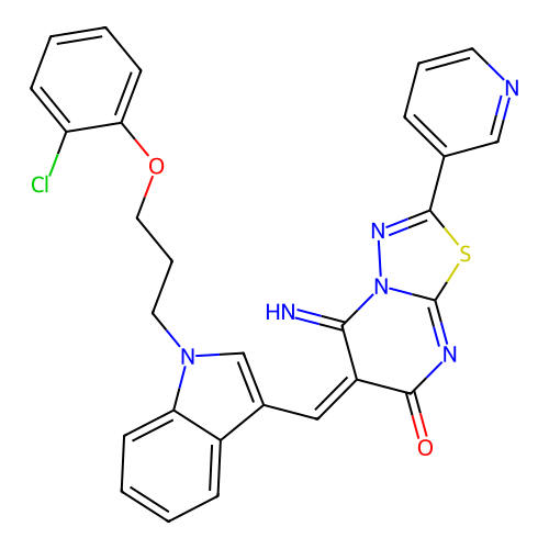 (6E)-6-({1-[3-(2-chlorophenoxy)propyl]-1H-indol-3-yl}methylidene)-5-imino-2-(pyridin-3-yl)-5,6-dihydro-7H-[1,3,4]thiadiazolo[3,2-a]pyrimidin-7-one structure
