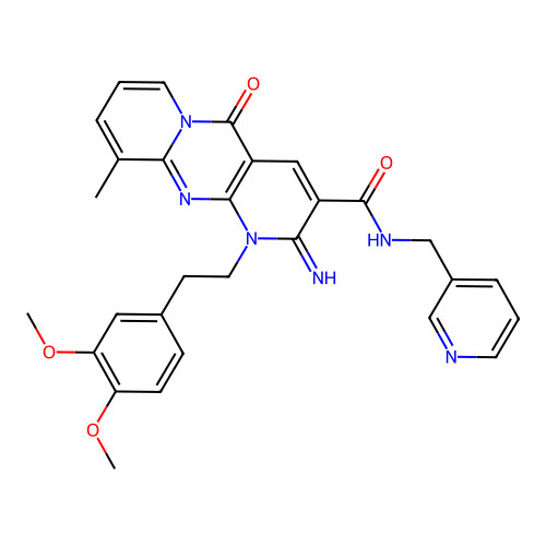 1-[2-(3,4-dimethoxyphenyl)ethyl]-2-imino-10-methyl-5-oxo-N-(pyridin-3-ylmethyl)-1,5-dihydro-2H-dipyrido[1,2-a:2',3'-d]pyrimidine-3-carboxamide structure