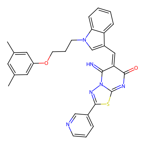 (E)-6-((1-(3-(3,5-dimethylphenoxy)propyl)-1H-indol-3-yl)methylene)-5-imino-2-(pyridin-3-yl)-5H-[1,3,4]thiadiazolo[3,2-a]pyrimidin-7(6H)-one structure