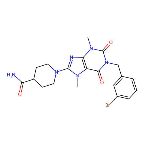 1-[1-[(3-bromophenyl)methyl]-3,7-dimethyl-2,6-dioxopurin-8-yl]piperidine-4-carboxamide structure