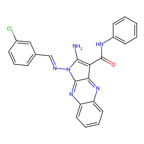 (E)-2-amino-1-((3-chlorobenzylidene)amino)-N-phenyl-1H-pyrrolo[2,3-b]quinoxaline-3-carboxamide structure