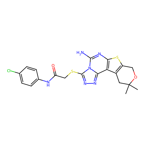 2-((5-amino-10,10-dimethyl-10,11-dihydro-8H-pyrano[4',3':4,5]thieno[3,2-e][1,2,4]triazolo[4,3-c]pyrimidin-3-yl)thio)-N-(4-chlorophenyl)acetamide structure