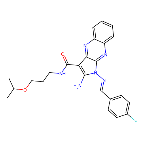 (E)-2-amino-1-((4-fluorobenzylidene)amino)-N-(3-isopropoxypropyl)-1H-pyrrolo[2,3-b]quinoxaline-3-carboxamide structure
