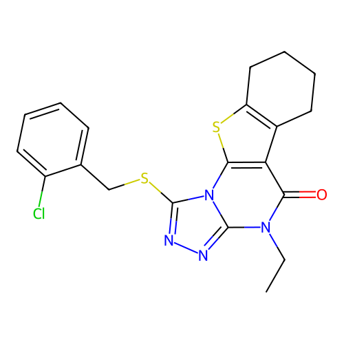 1-((2-chlorobenzyl)thio)-4-ethyl-6,7,8,9-tetrahydrobenzo[4,5]thieno[3,2-e][1,2,4]triazolo[4,3-a]pyrimidin-5(4H)-one structure