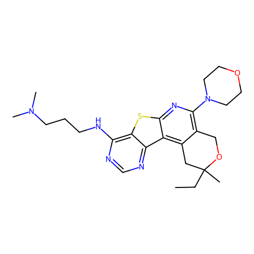 N'-[2-ethyl-2-methyl-5-(morpholin-4-yl)-1,4-dihydro-2H-pyrano[4'',3'':4',5']pyrido[3',2':4,5]thieno[3,2-d]pyrimidin-8-yl]-N,N-dimethylpropane-1,3-diamine structure