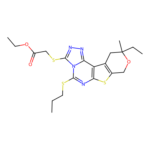 ethyl {[10-ethyl-10-methyl-5-(propylsulfanyl)-10,11-dihydro-8H-pyrano[4',3':4,5]thieno[3,2-e][1,2,4]triazolo[4,3-c]pyrimidin-3-yl]sulfanyl}acetate structure