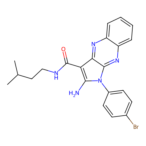 2-amino-1-(4-bromophenyl)-N-(3-methylbutyl)-1H-pyrrolo[2,3-b]quinoxaline-3-carboxamide structure