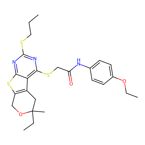 N-(4-ethoxyphenyl)-2-((6-ethyl-6-methyl-2-(propylthio)-6,8-dihydro-5H-pyrano[4',3':4,5]thieno[2,3-d]pyrimidin-4-yl)thio)acetamide structure