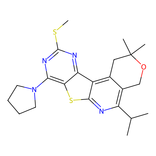 2,2-dimethyl-10-(methylsulfanyl)-5-(propan-2-yl)-8-(pyrrolidin-1-yl)-1,4-dihydro-2H-pyrano[4'',3'':4',5']pyrido[3',2':4,5]thieno[3,2-d]pyrimidine structure