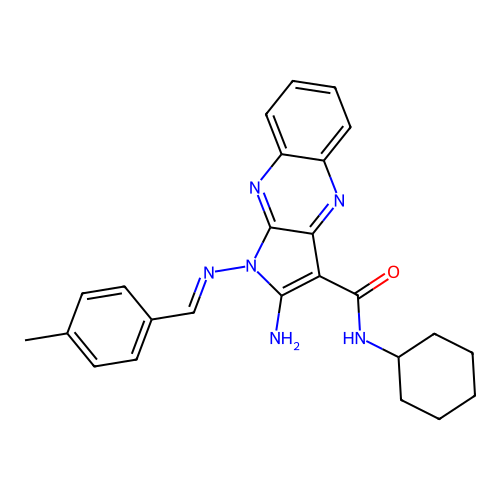 (E)-2-amino-N-cyclohexyl-1-((4-methylbenzylidene)amino)-1H-pyrrolo[2,3-b]quinoxaline-3-carboxamide structure