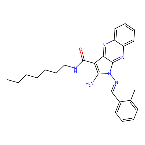 (E)-2-amino-N-heptyl-1-((2-methylbenzylidene)amino)-1H-pyrrolo[2,3-b]quinoxaline-3-carboxamide structure