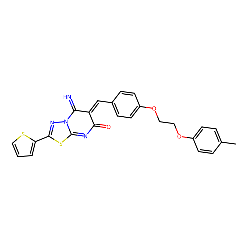(6Z)-5-imino-6-[[4-[2-(4-methylphenoxy)ethoxy]phenyl]methylidene]-2-thiophen-2-yl-[1,3,4]thiadiazolo[3,2-a]pyrimidin-7-one structure