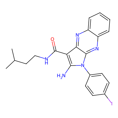 2-amino-1-(4-iodophenyl)-N-(3-methylbutyl)-1H-pyrrolo[2,3-b]quinoxaline-3-carboxamide structure
