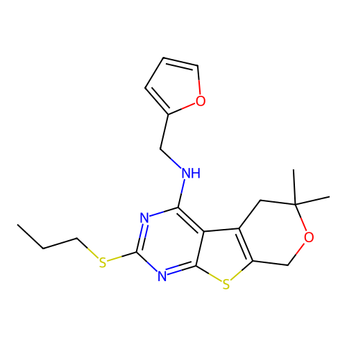 (6,6-Dimethyl-2-propylsulfanyl-5,8-dihydro-6H-pyrano[4',3':4,5]thieno[2,3-d]pyrimidin-4-yl)-furan-2-ylmet hyl-amine structure