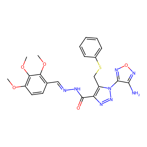 (E)-1-(4-amino-1,2,5-oxadiazol-3-yl)-5-((phenylthio)methyl)-N'-(2,3,4-trimethoxybenzylidene)-1H-1,2,3-triazole-4-carbohydrazide structure