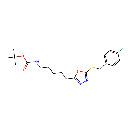 tert-butyl (5-(5-((4-fluorobenzyl)thio)-1,3,4-oxadiazol-2-yl)pentyl)carbamate structure