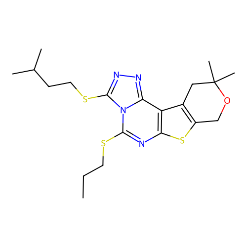 10,10-dimethyl-3-[(3-methylbutyl)sulfanyl]-5-(propylsulfanyl)-10,11-dihydro-8H-pyrano[4',3':4,5]thieno[3,2-e][1,2,4]triazolo[4,3-c]pyrimidine structure