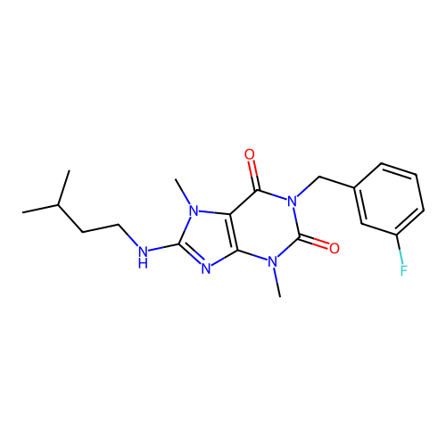 1-(3-fluorobenzyl)-3,7-dimethyl-8-[(3-methylbutyl)amino]-3,7-dihydro-1H-purine-2,6-dione structure