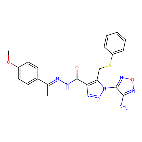 (E)-1-(4-amino-1,2,5-oxadiazol-3-yl)-N'-(1-(4-methoxyphenyl)ethylidene)-5-((phenylthio)methyl)-1H-1,2,3-triazole-4-carbohydrazide structure