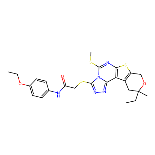 N-(4-ethoxyphenyl)-2-((10-ethyl-10-methyl-5-(methylthio)-10,11-dihydro-8H-pyrano[4',3':4,5]thieno[3,2-e][1,2,4]triazolo[4,3-c]pyrimidin-3-yl)thio)acetamide structure
