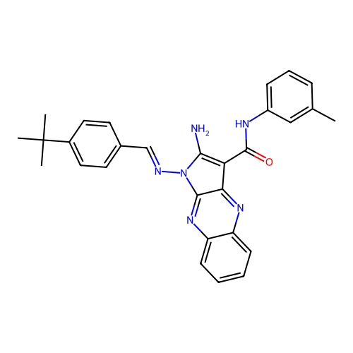 (E)-2-amino-1-((4-(tert-butyl)benzylidene)amino)-N-(m-tolyl)-1H-pyrrolo[2,3-b]quinoxaline-3-carboxamide structure
