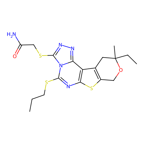 2-((10-ethyl-10-methyl-5-(propylthio)-10,11-dihydro-8H-pyrano[4',3':4,5]thieno[3,2-e][1,2,4]triazolo[4,3-c]pyrimidin-3-yl)thio)acetamide structure