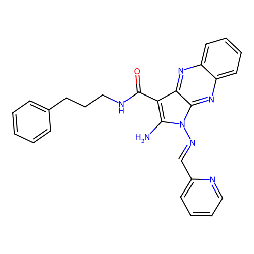 (E)-2-amino-N-(3-phenylpropyl)-1-((pyridin-2-ylmethylene)amino)-1H-pyrrolo[2,3-b]quinoxaline-3-carboxamide structure