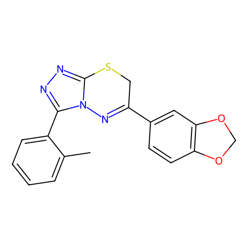 6-(1,3-benzodioxol-5-yl)-3-(2-methylphenyl)-7H-[1,2,4]triazolo[3,4-b][1,3,4]thiadiazine structure