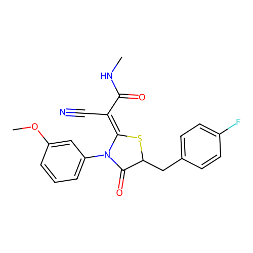 (2Z)-2-cyano-2-[5-(4-fluorobenzyl)-3-(3-methoxyphenyl)-4-oxo-1,3-thiazolidin-2-ylidene]-N-methylethanamide structure