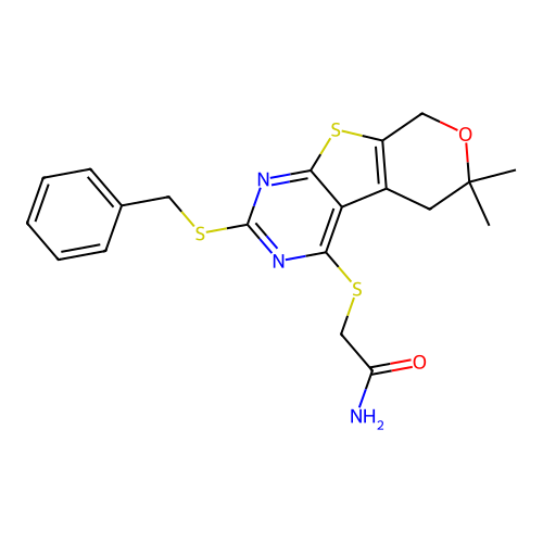 2-((2-(benzylthio)-6,6-dimethyl-6,8-dihydro-5H-pyrano[4',3':4,5]thieno[2,3-d]pyrimidin-4-yl)thio)acetamide structure