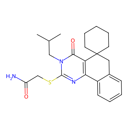 2-((3-isobutyl-4-oxo-4,6-dihydro-3H-spiro[benzo[h]quinazoline-5,1'-cyclohexan]-2-yl)thio)acetamide structure