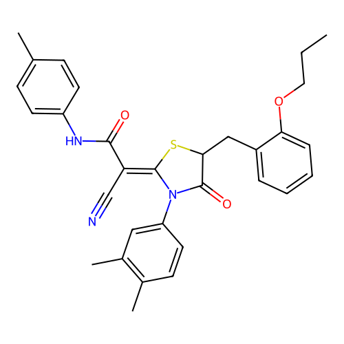 (2Z)-2-cyano-2-[3-(3,4-dimethylphenyl)-4-oxo-5-(2-propoxybenzyl)-1,3-thiazolidin-2-ylidene]-N-(4-methylphenyl)ethanamide structure