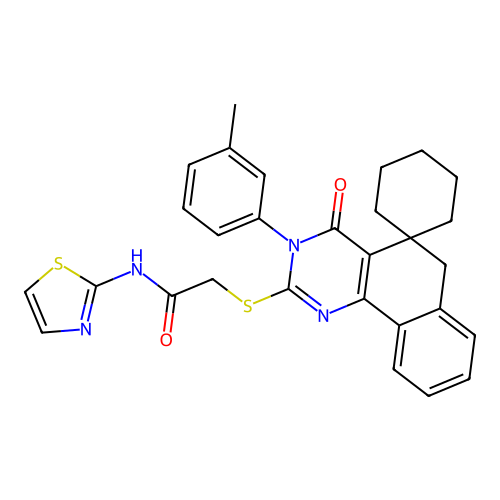 2-((4-oxo-3-(m-tolyl)-4,6-dihydro-3H-spiro[benzo[h]quinazoline-5,1'-cyclohexan]-2-yl)thio)-N-(thiazol-2-yl)acetamide structure