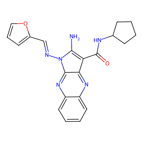(E)-2-amino-N-cyclopentyl-1-((furan-2-ylmethylene)amino)-1H-pyrrolo[2,3-b]quinoxaline-3-carboxamide structure