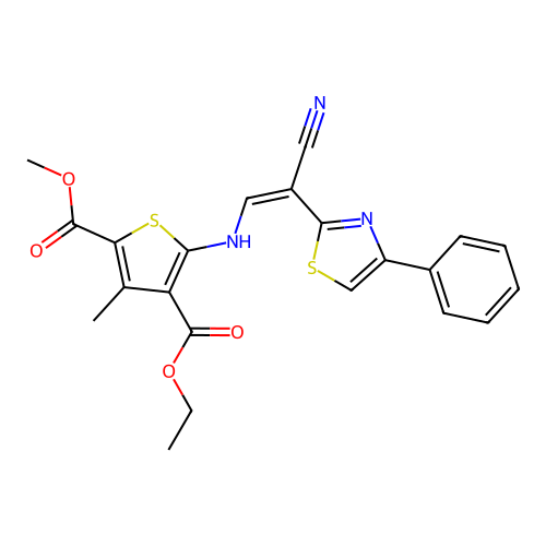 (Z)-4-ethyl 2-methyl 5-((2-cyano-2-(4-phenylthiazol-2-yl)vinyl)amino)-3-methylthiophene-2,4-dicarboxylate structure