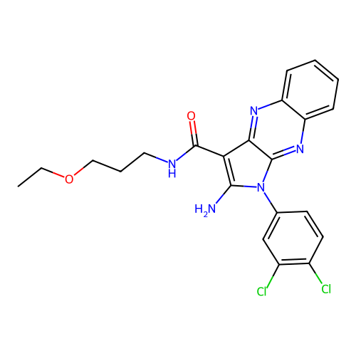 2-amino-1-(3,4-dichlorophenyl)-N-(3-ethoxypropyl)-1H-pyrrolo[2,3-b]quinoxaline-3-carboxamide structure