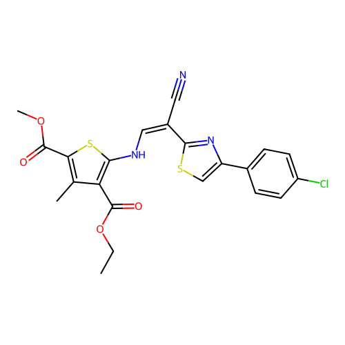(Z)-4-ethyl 2-methyl 5-((2-(4-(4-chlorophenyl)thiazol-2-yl)-2-cyanovinyl)amino)-3-methylthiophene-2,4-dicarboxylate structure