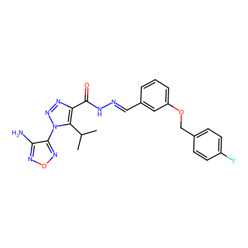 (E)-1-(4-amino-1,2,5-oxadiazol-3-yl)-N'-(3-((4-fluorobenzyl)oxy)benzylidene)-5-isopropyl-1H-1,2,3-triazole-4-carbohydrazide structure
