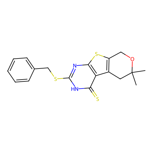 2-(benzylsulfanyl)-6,6-dimethyl-5,8-dihydro-6H-pyrano[4',3':4,5]thieno[2,3-d]pyrimidine-4-thiol structure